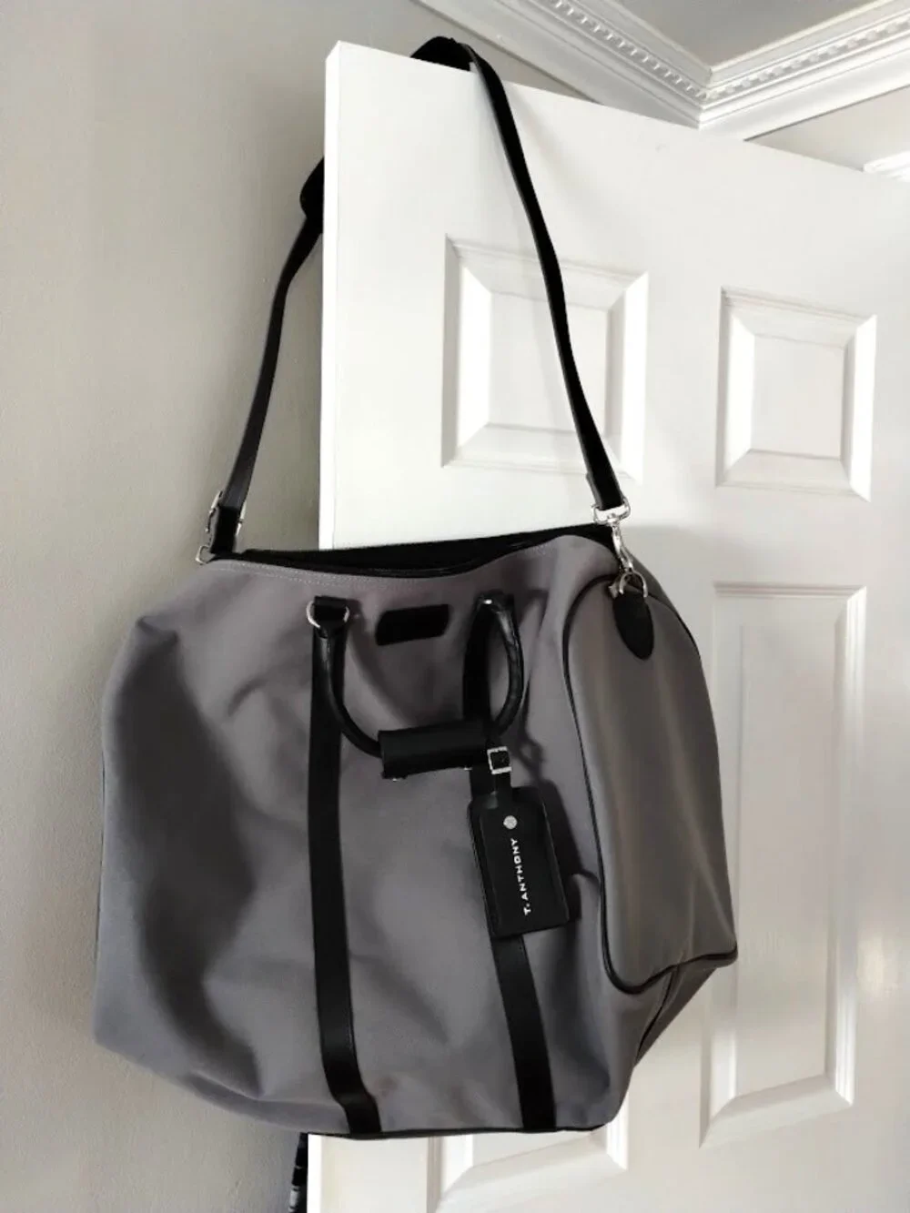 T Anthony Duffle/Weekender/Travel Bag Gray Canvas w Black Leather Trim w keys